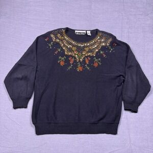 Dana Scott Womens L Beaded Embroidered‎ Knit Sweater Long Sleeve Black